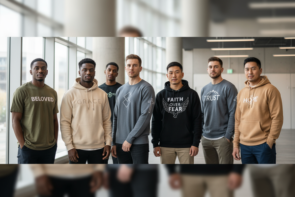 Realistic, diverse Gen Z and Millennial men wearing modern Christian streetwear (hoodies, sweaters, tees) with minimalist faith statements. Urban modern background, natural lighting, confident and authentic mood. Editorial aesthetic, inclusive, and purpose-driven. Wide banner (16:9) for Shopify “Purposeful Men” collection.