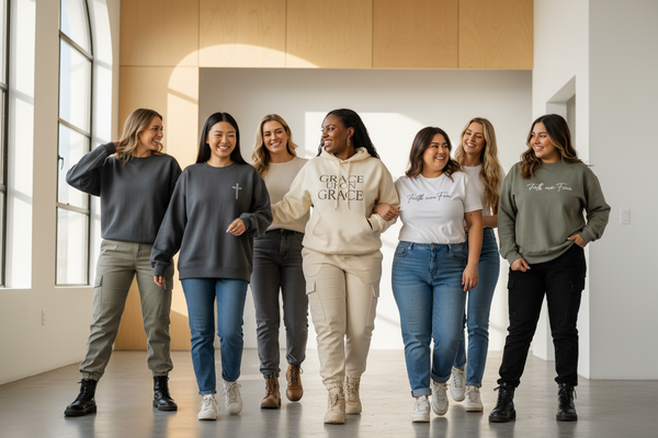 Realistic, diverse Gen Z and Millennial women wearing modern Christian streetwear (hoodies, sweaters, tees) with subtle faith messages. Natural lighting, minimalist modern background, empowering and joyful mood. Editorial aesthetic, inclusive and authentic. Wide banner (16:9) for Shopify “Purposeful Women” collection